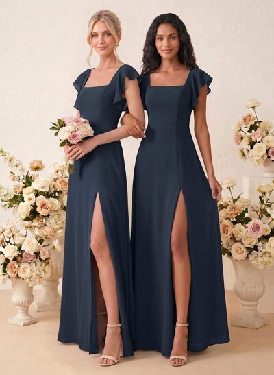 Sweet & Flow A-Line Square Neckline Chiffon Bridesmaid With Ruffle/Split Front