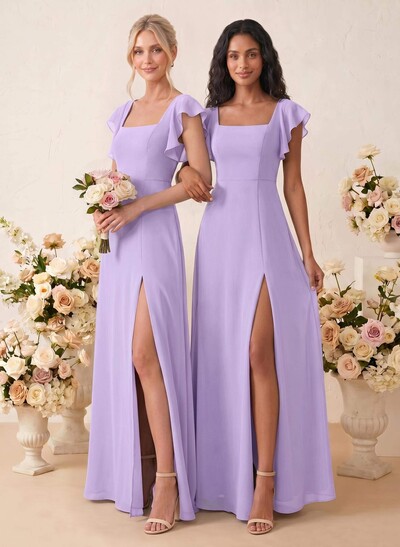 Sweet & Flow A-Line Square Neckline Chiffon Bridesmaid With Ruffle/Split Front
