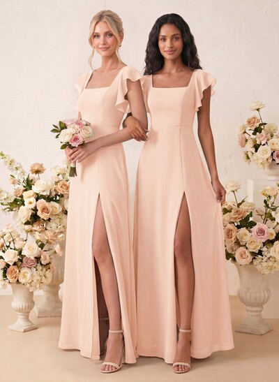 Sweet & Flowy A-Line Square Neck Chiffon Bridesmaid Dress with Ruffle & Front Split