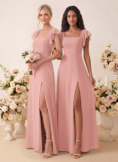 Sweet & Flow A-Line Square Neckline Chiffon Bridesmaid With Ruffle/Split Front