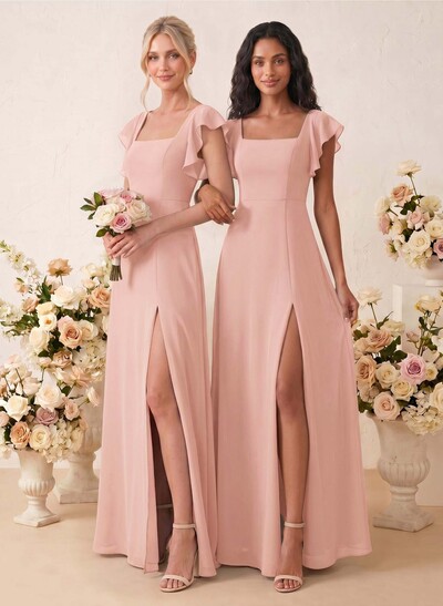 Sweet & Flow A-Line Square Neckline Chiffon Bridesmaid With Ruffle/Split Front