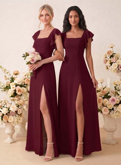 Sweet & Flow A-Line Square Neckline Chiffon Bridesmaid With Ruffle/Split Front