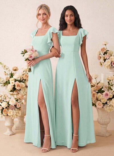 Sweet & Flow A-Line Square Neckline Chiffon Bridesmaid With Ruffle/Split Front