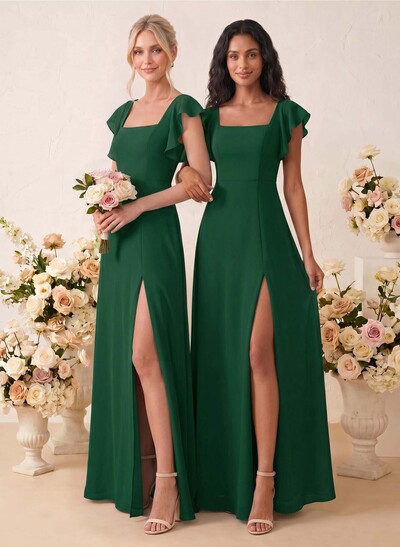 Sweet & Flow A-Line Square Neckline Chiffon Bridesmaid With Ruffle/Split Front