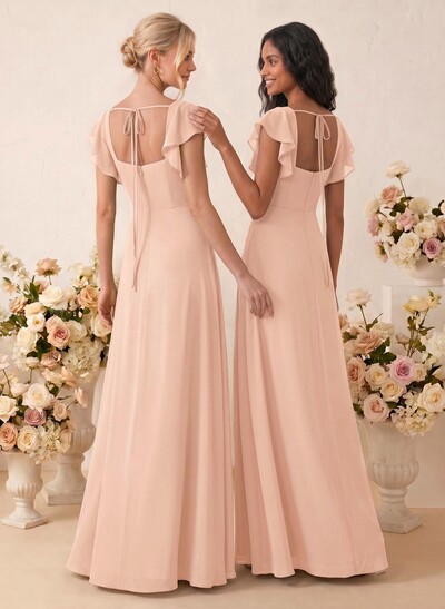 Sweet & Flowy A-Line Square Neck Chiffon Bridesmaid Dress with Ruffle & Front Split
