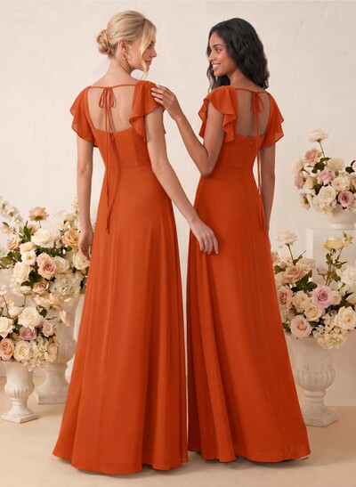 Sweet & Flow A-Line Square Neckline Chiffon Bridesmaid With Ruffle/Split Front