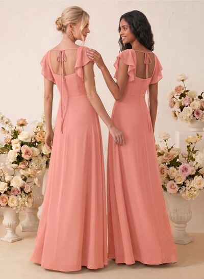 Sweet & Flow A-Line Square Neckline Chiffon Bridesmaid With Ruffle/Split Front