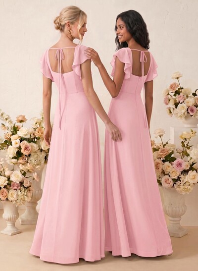 Sweet & Flow A-Line Square Neckline Chiffon Bridesmaid With Ruffle/Split Front