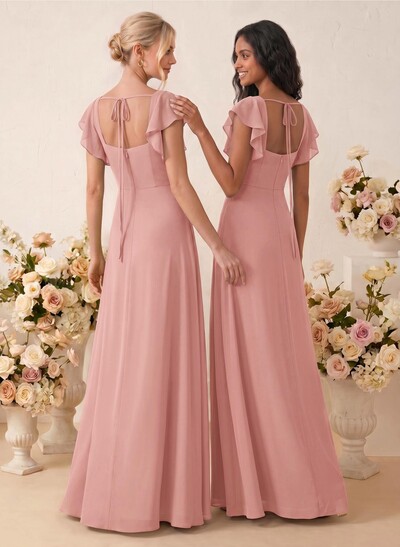 Sweet & Flow A-Line Square Neckline Chiffon Bridesmaid With Ruffle/Split Front