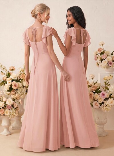 Sweet & Flow A-Line Square Neckline Chiffon Bridesmaid With Ruffle/Split Front