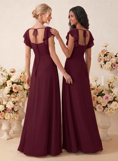 Sweet & Flow A-Line Square Neckline Chiffon Bridesmaid With Ruffle/Split Front