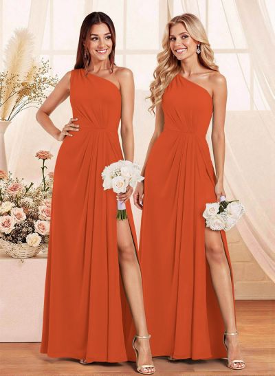 Elegant A-Line One-Shoulder Floor-Length Chiffon Bridesmaid With Split Front