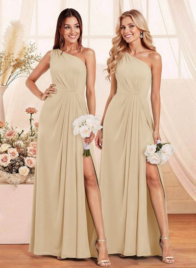 Elegant A-Line One-Shoulder Floor-Length Chiffon Bridesmaid With Split Front
