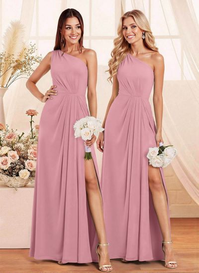 Elegant A-Line One-Shoulder Floor-Length Chiffon Bridesmaid With Split Front