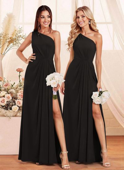 Elegant A-Line One-Shoulder Floor-Length Chiffon Bridesmaid With Split Front