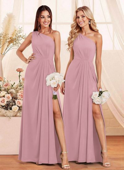 Elegant A-Line One-Shoulder Floor-Length Chiffon Bridesmaid With Split Front