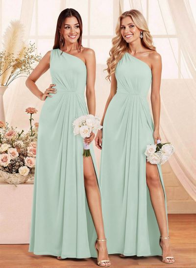 Elegant A-Line One-Shoulder Floor-Length Chiffon Bridesmaid With Split Front