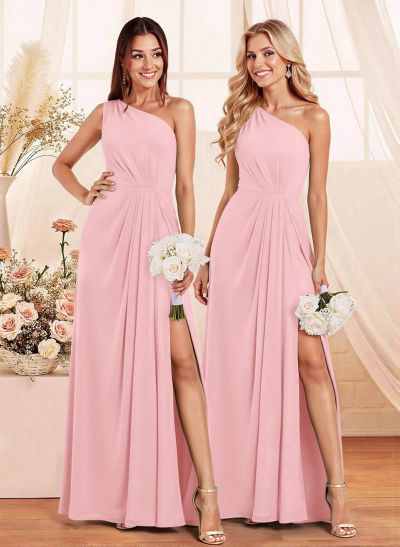 Elegant A-Line One-Shoulder Floor-Length Chiffon Bridesmaid With Split Front