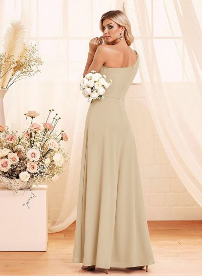 Elegant A-Line One-Shoulder Floor-Length Chiffon Bridesmaid With Split Front