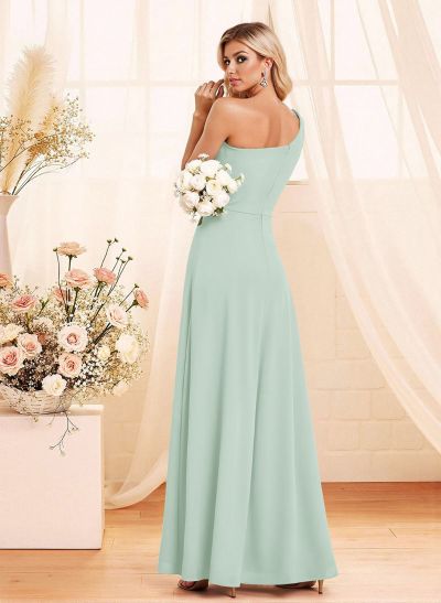Elegant A-Line One-Shoulder Floor-Length Chiffon Bridesmaid With Split Front