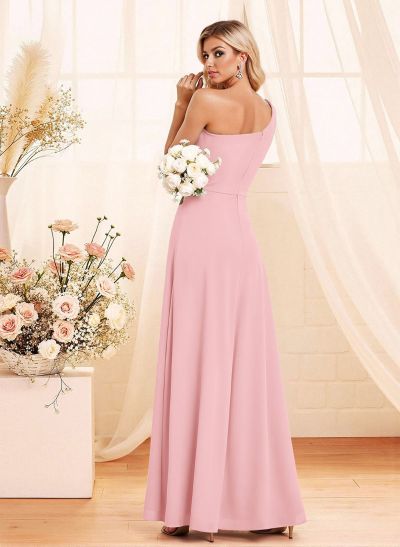 Elegant A-Line One-Shoulder Floor-Length Chiffon Bridesmaid With Split Front