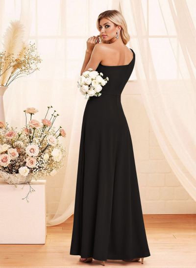 Elegant A-Line One-Shoulder Floor-Length Chiffon Bridesmaid With Split Front