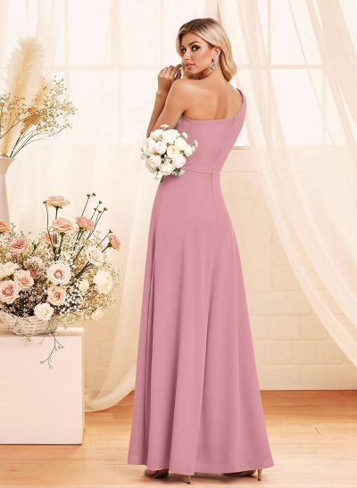 Elegant A-Line One-Shoulder Floor-Length Chiffon Bridesmaid With Split Front