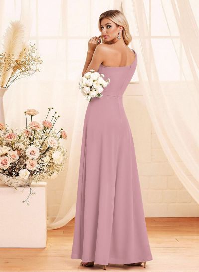 Elegant A-Line One-Shoulder Floor-Length Chiffon Bridesmaid With Split Front