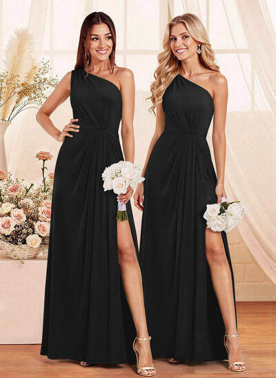 Elegant A-Line One-Shoulder Floor-Length Chiffon Bridesmaid With Split Front