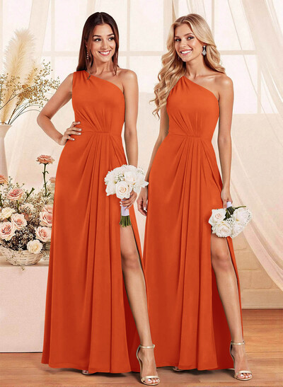 Elegant A-Line One-Shoulder Floor-Length Chiffon Bridesmaid With Split Front