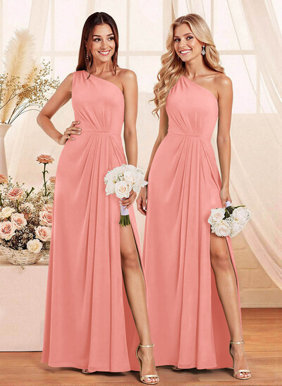 Elegant A-Line One-Shoulder Floor-Length Chiffon Bridesmaid With Split Front