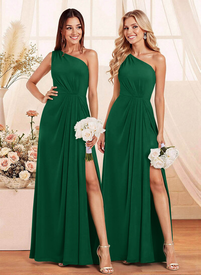 Elegant A-Line One-Shoulder Floor-Length Chiffon Bridesmaid With Split Front