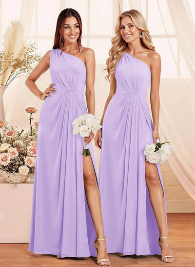 Elegant A-Line One-Shoulder Floor-Length Chiffon Bridesmaid With Split Front