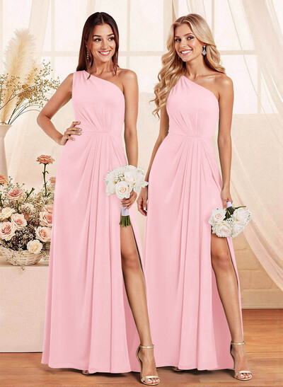 Elegant A-Line One-Shoulder Floor-Length Chiffon Bridesmaid With Split Front