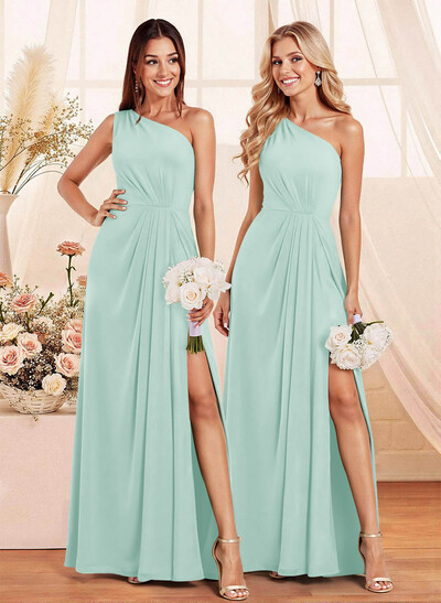 Elegant A-Line One-Shoulder Floor-Length Chiffon Bridesmaid With Split Front