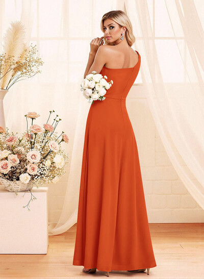 Elegant A-Line One-Shoulder Floor-Length Chiffon Bridesmaid With Split Front