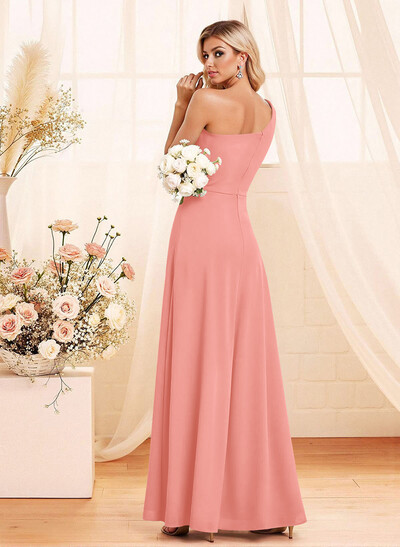 Elegant A-Line One-Shoulder Floor-Length Chiffon Bridesmaid With Split Front