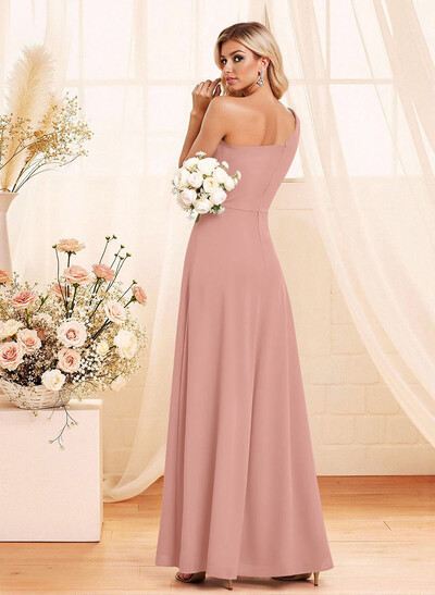 Elegant A-Line One-Shoulder Floor-Length Chiffon Bridesmaid With Split Front