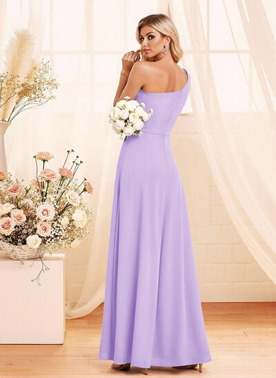 Elegant A-Line One-Shoulder Floor-Length Chiffon Bridesmaid With Split Front