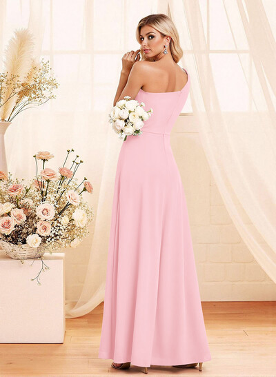 Elegant A-Line One-Shoulder Floor-Length Chiffon Bridesmaid With Split Front