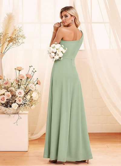 Elegant A-Line One-Shoulder Floor-Length Chiffon Bridesmaid With Split Front