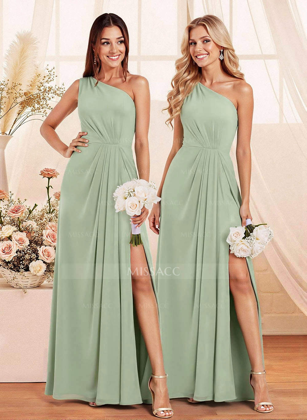 Elegant A-Line One-Shoulder Floor-Length Chiffon Bridesmaid With Split Front
