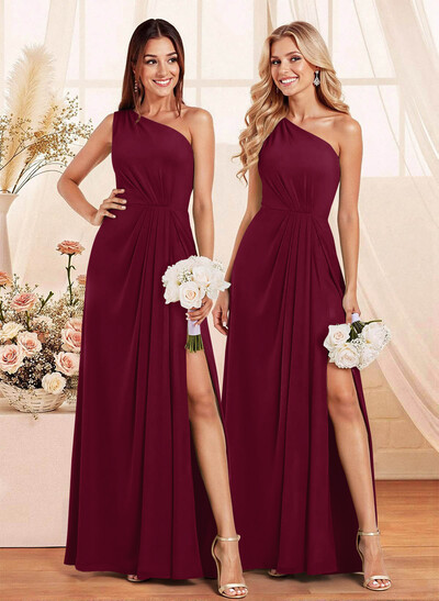 Elegant A-Line One-Shoulder Floor-Length Chiffon Bridesmaid With Split Front
