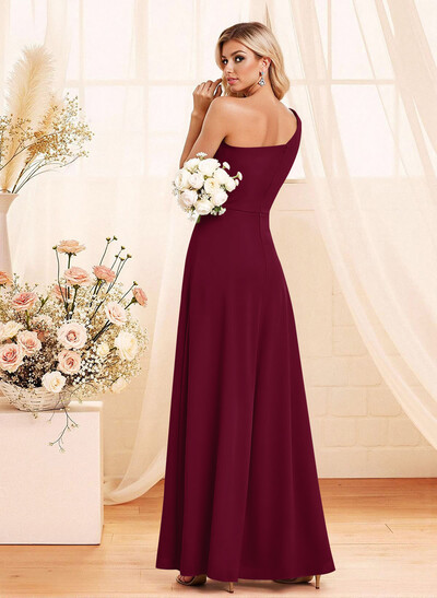 Elegant A-Line One-Shoulder Floor-Length Chiffon Bridesmaid With Split Front