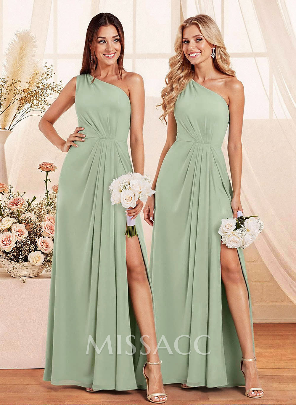 Elegant A-Line One-Shoulder Floor-Length Chiffon Bridesmaid With Split Front Elegant A-Line One-Shoulder Floor-Length Chiffon Bridesmaid With Split Front