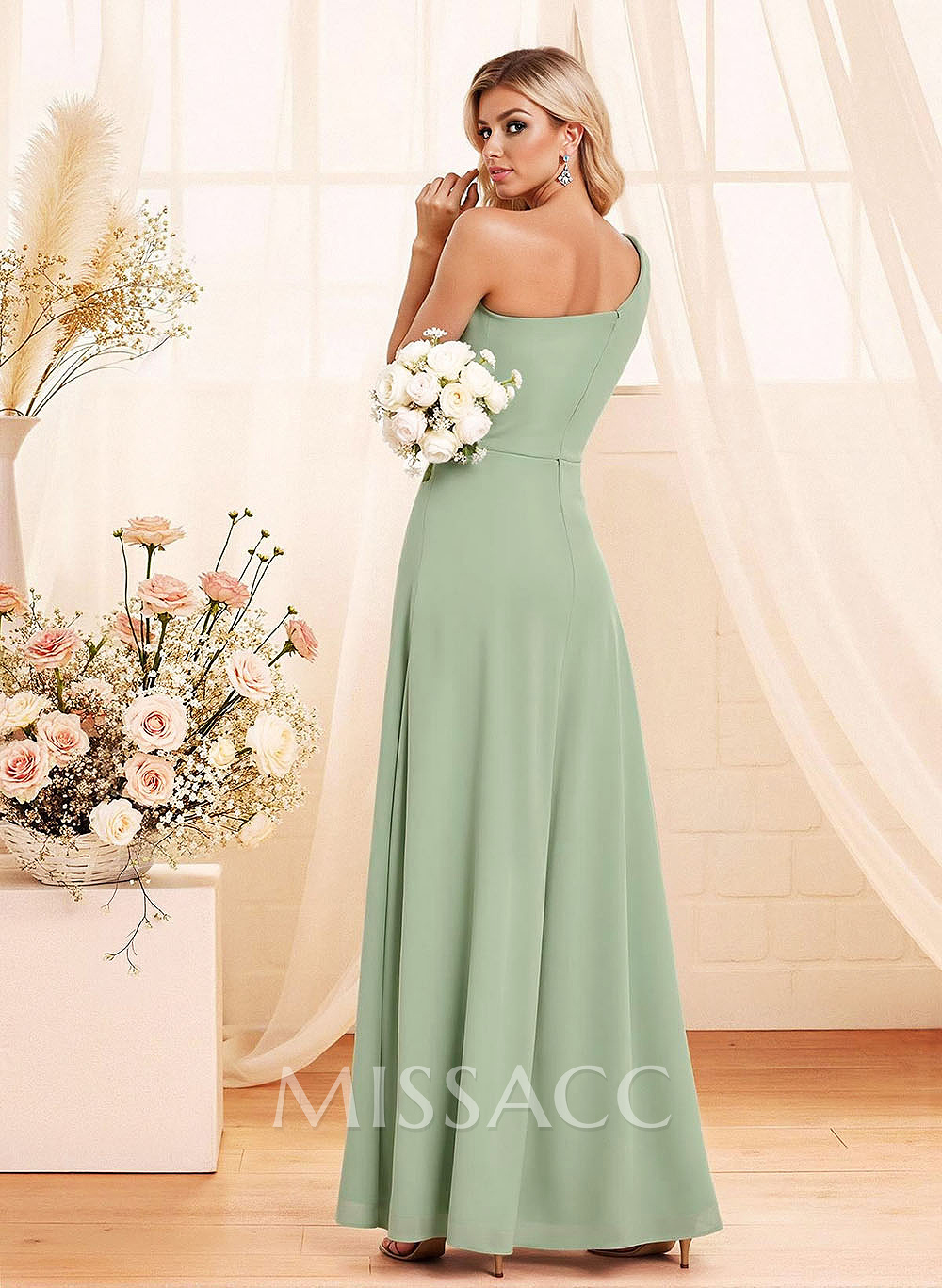 Elegant A-Line One-Shoulder Floor-Length Chiffon Bridesmaid With Split Front Elegant A-Line One-Shoulder Floor-Length Chiffon Bridesmaid With Split Front