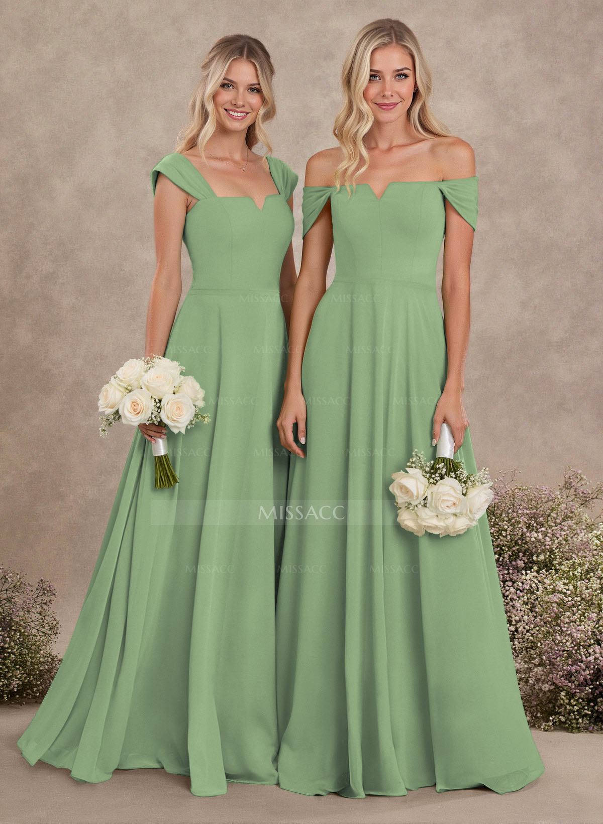 Elegant Square Neckline A-Line Floor-Length Chiffon Bridesmaid Dresses