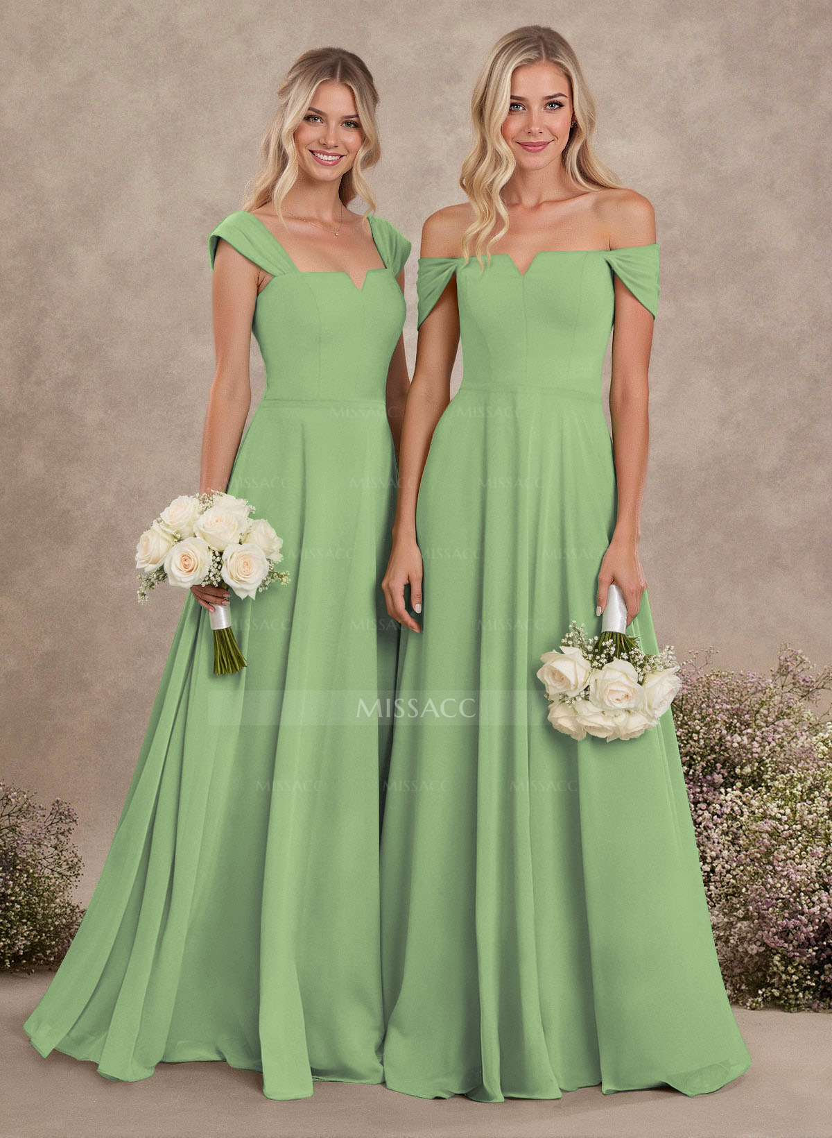 Elegant Square Neckline A-Line Floor-Length Chiffon Bridesmaid Dresses