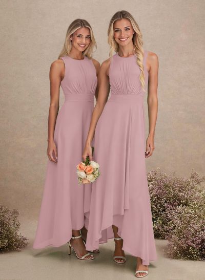 Scoop Neck A-Line Asymmetrical Length Chiffon Bridesmaid Dresses With Bow(s)