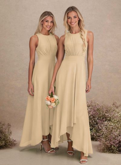 Scoop Neck A-Line Asymmetrical Length Chiffon Bridesmaid Dresses With Bow(s)